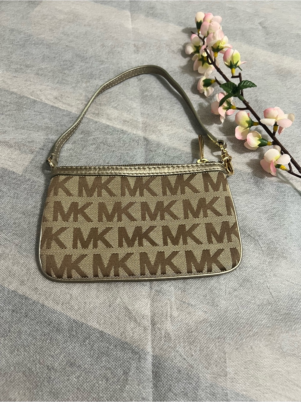 Michael Kors Brown Beige MK Logo Mini Wristlet with Metallic Gold in EUC